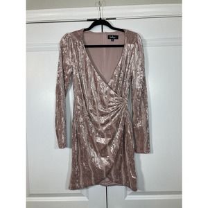 Lulu's Dress Bodycon Mock Wrap Velvour Embellished Tulip Hem Mini Pink Size S